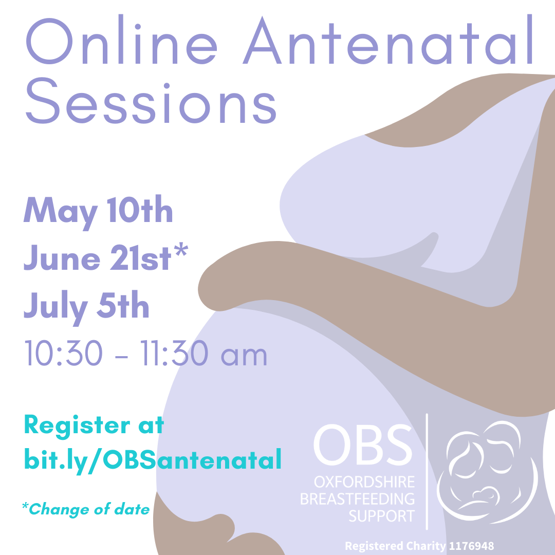 Image: a cartoon pregnant body cradling its belly. Text: Online Antenatal Sessions, April 5th, May 10th, June 21st, July 5th 10:30-11:30 am. Register at bit.ly/OBSantenatal