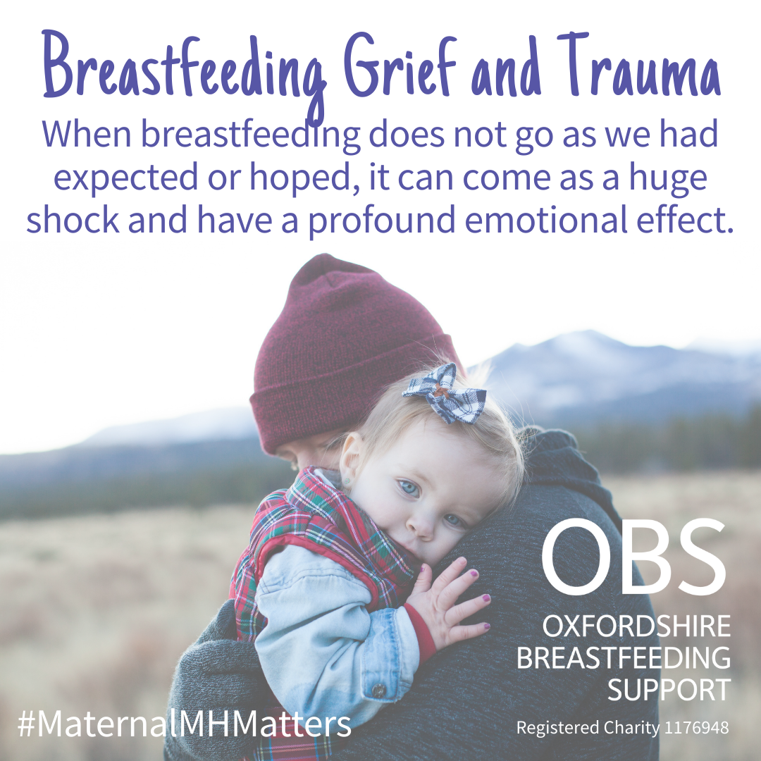 Image: A parent holding their older baby tightly against their shoulder with mountains in the background.Text: Breastfeeding Grief and Trauma. When breastfeeding does not go as we had expected or hoped, it can come as a huge shock and have a profound emotional effect