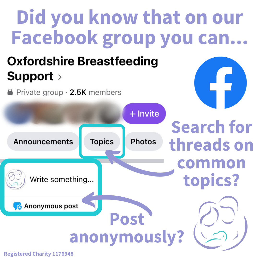 Image: screengrab of the OBS Facebook group show highlighting the topic and post anonymously features. Text: Did you know that on our Facebook group you can... Search for threads on common topics? Post anonymously?