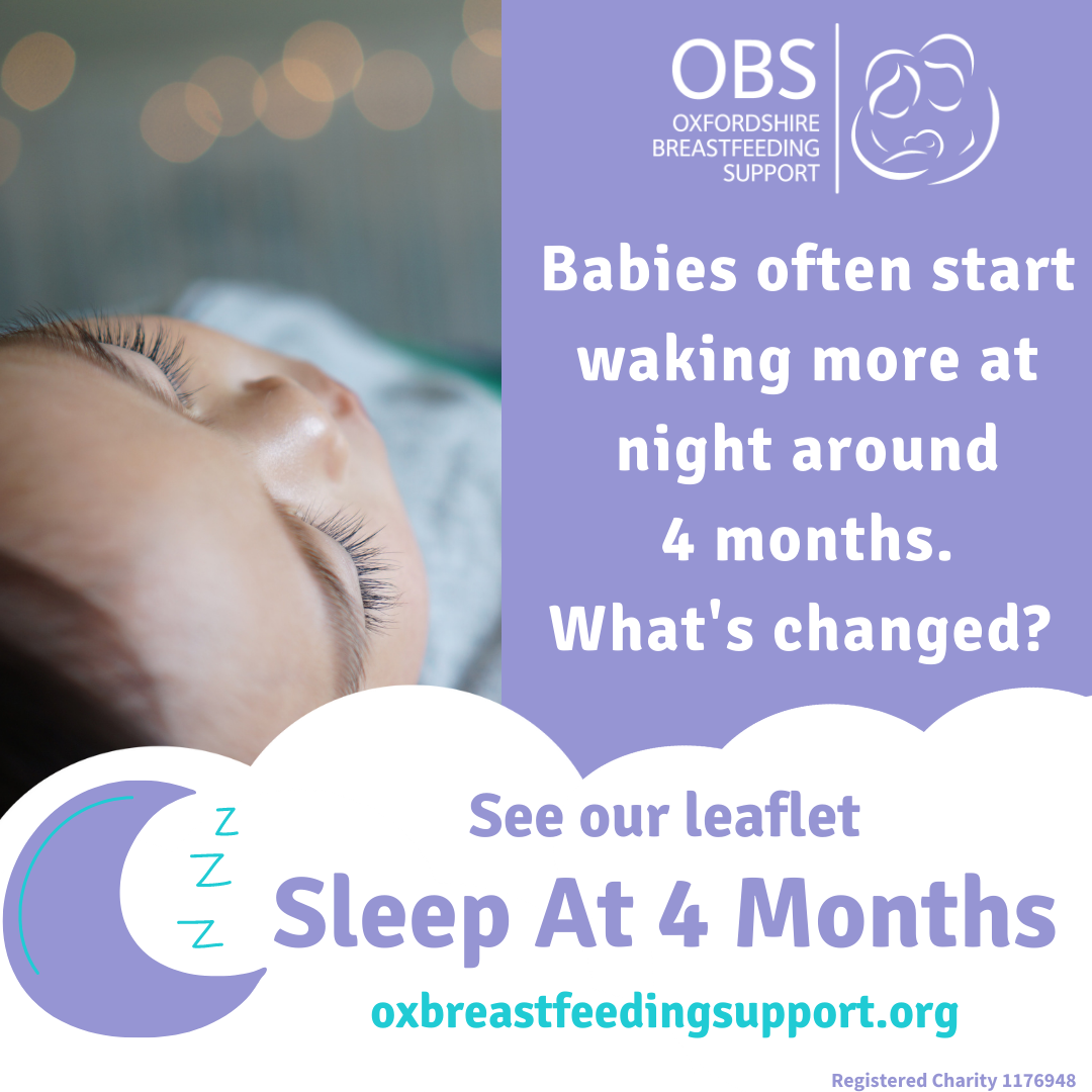 Image: a baby sleeping on its back. Text: Babies often start waking more at night around 4 mos. What's changed? See our leaflet Slelep At 4 Months