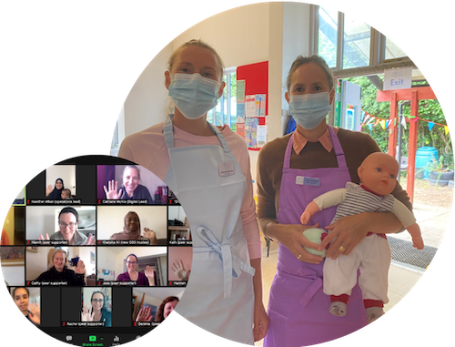 Two overlapping round images: one with a screen grab of a volunteers meeting on zoom with everyone waving, and a volunteer and facilitator wearing masks and aprons at one of the OBS in person sessions