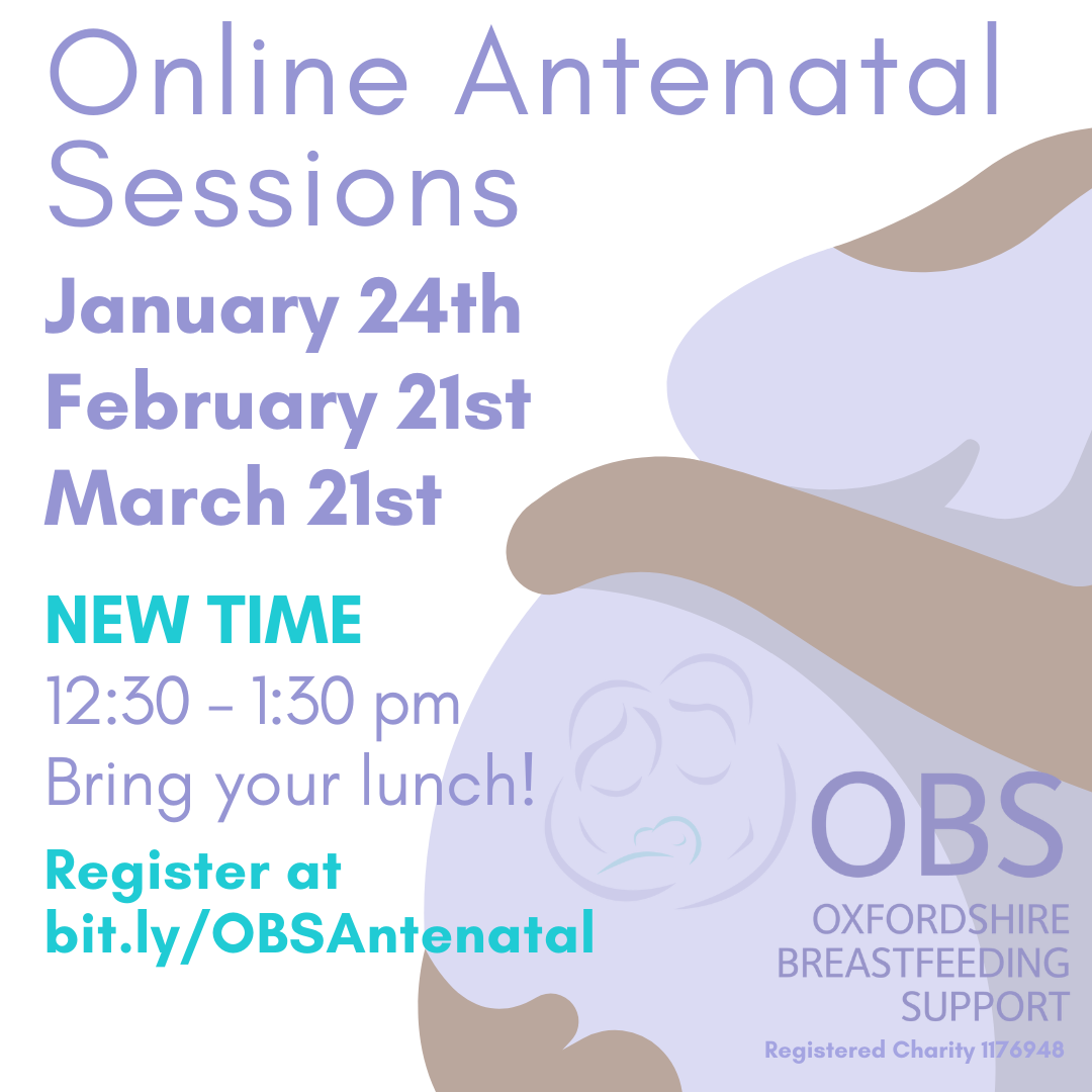 Image: a cartoon pregnant body cradling its belly. Text: Online Antenatal Sessions, January 24th, February 21st, March 21st. New time, 12:30-1:30 pm, bring your lunch!