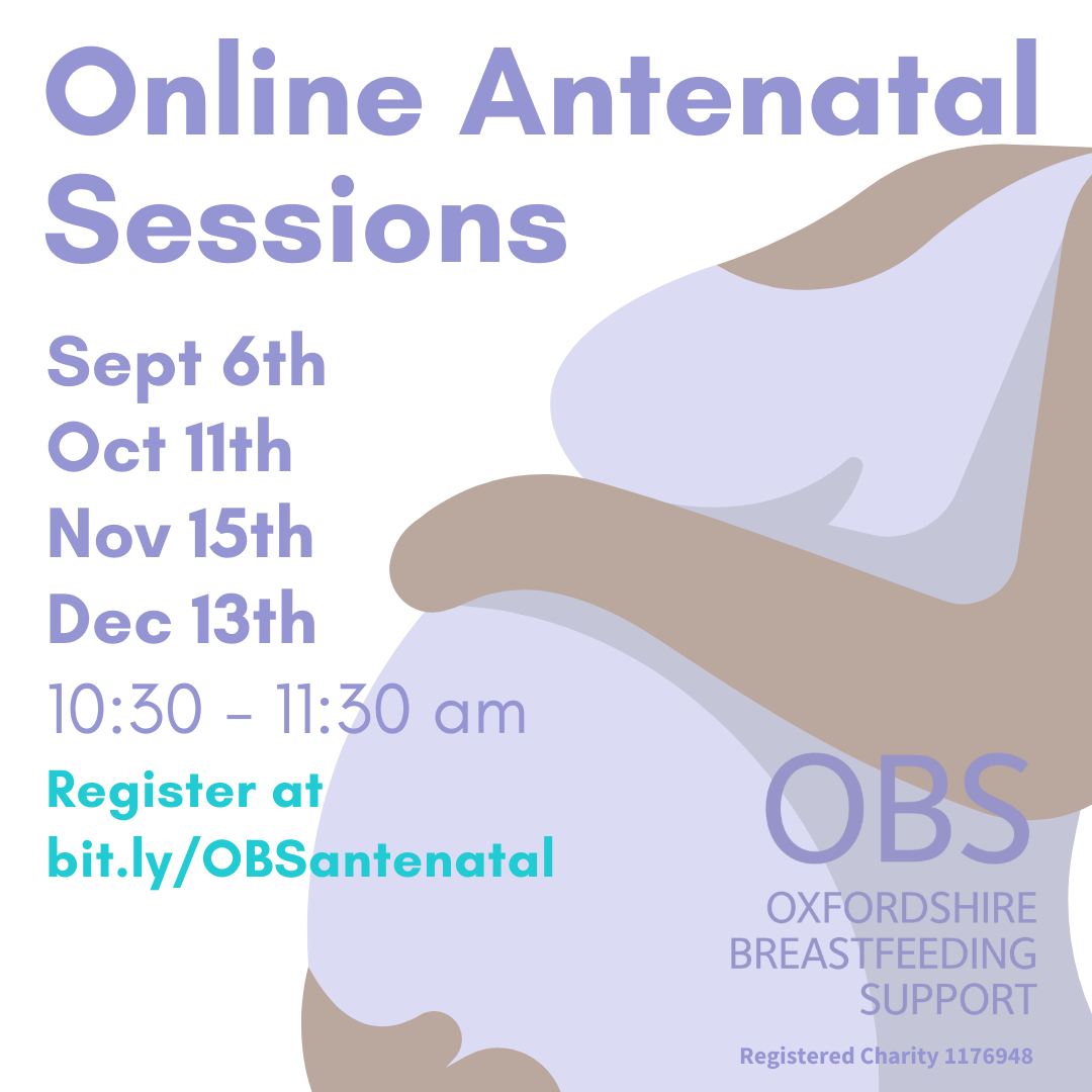 Image: a cartoon pregnant body cradling its belly. Text: Online Antenatal Sessions, Sept 6th, Oct 11th, Nov 15th, Dec 13th, 10:30-11:30 am. Register at bit.ly/OBSantenatal