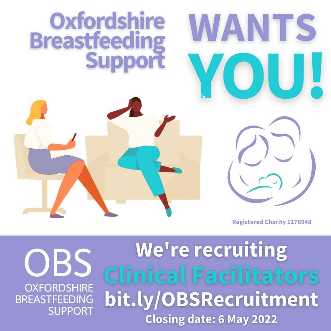 Image: a woman sitting on chair holding a tablet or notebook listening to a woman on a couch speaking. Text: Oxfordshire Breastfeeding Support wants you! We’re recruiting Clinical Facilitators. Bit.ly/OBSRecruitment