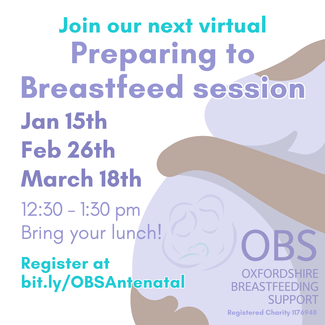 Image: a cartoon pregnant body cradling its belly. Text: Join our next virtual Preparing to Breastfeed session. Jan 15th, Feb 26th, March 18th, 12:30-1:30 pm. Bring your lunch!